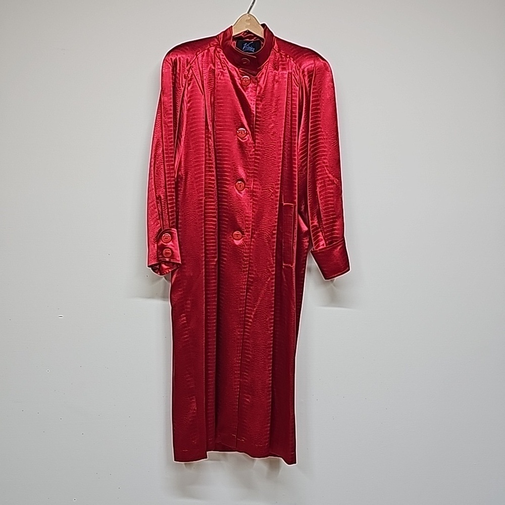 Vtg Vision 80's red snakeskin trench coat. Button up, pockets, mock neck.